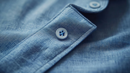 A detailed close-up view of a light blue fabric shirt featuring a button, showcasing the quality texture and stylish design perfect for fashion and textile photography.の素材