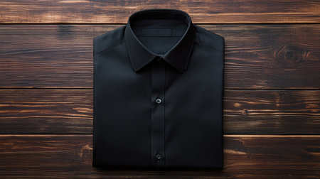 A stylish black dress shirt neatly laid flat on a rustic wooden table, showcasing its sleek design and fabric texture, ideal for fashion and lifestyle photography.の素材
