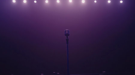 A vintage microphone stands alone on a dimly lit stage, surrounded by purple light, evoking a sense of anticipation and inspiration for music and performance.の素材