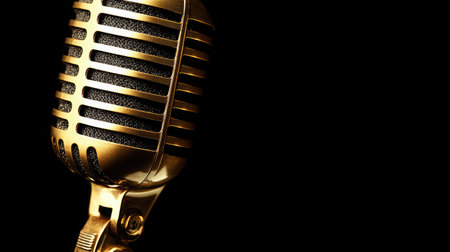 A stunning classic vintage microphone with a shiny gold finish set against a deep black background, ideal for themes related to music, recording, and artistic performances.の素材