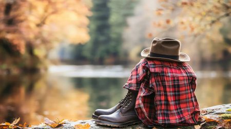 A picturesque autumn scene featuring a hat, flannel shirt, and sturdy boots resting by a serene body of water, highlighting the beauty and tranquility of the fall season.の素材