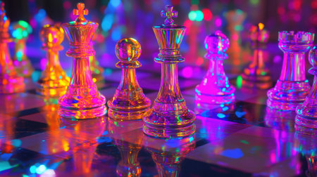 A captivating arrangement of colorful transparent chess pieces set against a reflective surface. The shimmering lights create a playful and artistic atmosphere, enhancing the allure of the game.の素材