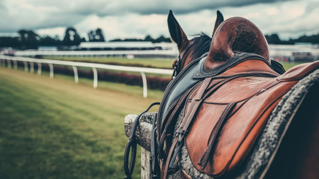 A stunning view of a horse with a sleek saddle, poised to race, displaying the beauty of equestrian sports against a vibrant landscape under dramatic clouds.の素材