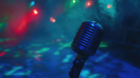 An artistic close-up of a retro microphone surrounded by colorful lights and atmospheric fog, perfect for capturing the essence of music and live performance in a vibrant setting.の素材