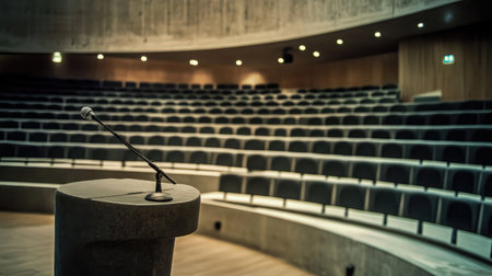 A sleek, modern conference room featuring an empty auditorium with organized seats and a podium equipped with a microphone, perfect for various professional events.の素材