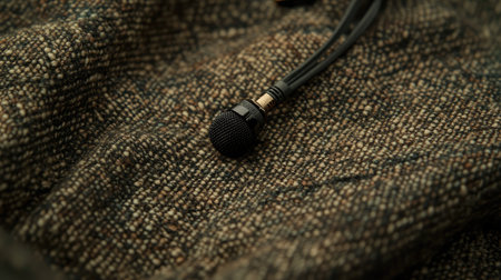A striking close-up of a black microphone resting on a textured fabric surface, ideal for themes of audio, music, and creative production in various media settings.の素材