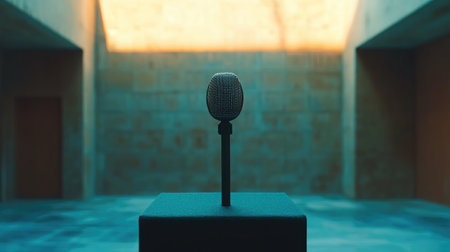 A minimalist microphone on a pedestal stands in an empty room filled with soft light, emphasizing the themes of creativity and expression in communication and performance.の素材
