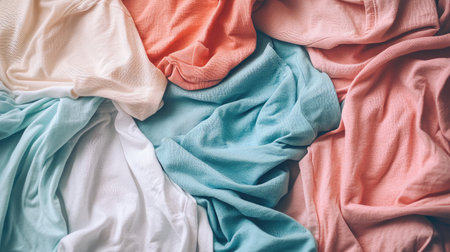 Discover a stunning collection of soft fabrics in delightful colors of coral, teal, cream, mint, and peach, ideal for fashion projects or creative designs.の素材