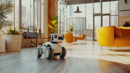 A charming robotic companion stands in a stylish living room, surrounded by contemporary decor and natural light, representing modern innovation and playful technology.の素材