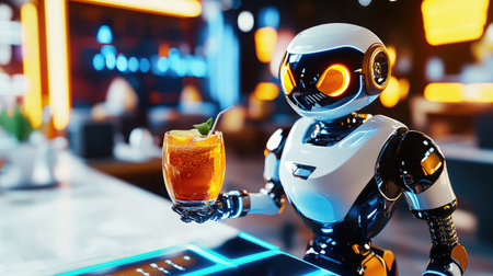 A futuristic robot bartender stands proudly in a vibrant bar, presenting a colorful cocktail, showcasing a blend of advanced technology and a lively nightlife atmosphere.の素材
