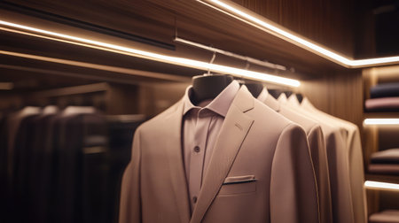 A collection of elegantly tailored suits showcased in a stylish boutique, highlighted by warm lighting that enhances the sophisticated atmosphere of modern fashion.の素材
