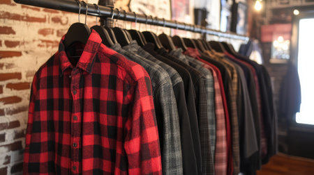 A selection of casual flannel shirts displayed on hangers in a trendy retail environment. The warm lighting and vintage decor create an inviting shopping experience.の素材