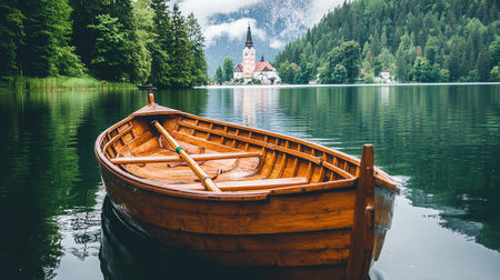 A picturesque wooden rowboat floating serenely on a pristine lake, surrounded by vibrant green forests and majestic mountains, evoking tranquility and natural beauty.の素材