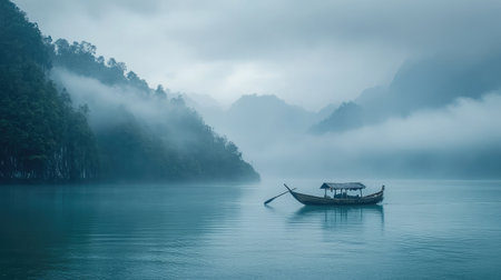 A solitary boat gently floats on still waters, surrounded by misty mountains, creating a tranquil atmosphere perfect for nature lovers and peaceful retreats.の素材