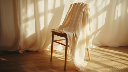 A cozy wooden chair draped with soft fabric creates a peaceful ambiance in a sunlit room. Gentle shadows and warm tones enhance the serene atmosphere perfect for relaxation.の素材