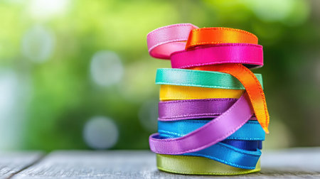 A beautiful stack of colorful ribbons arranged neatly, showcasing vibrant hues against a soft blur background, ideal for crafting and decorative projects.の素材