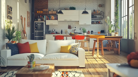 Explore a beautifully crafted living and cooking space filled with natural light, stylish decor, and a harmonious mix of colors that create a welcoming and comfortable atmosphere.の素材