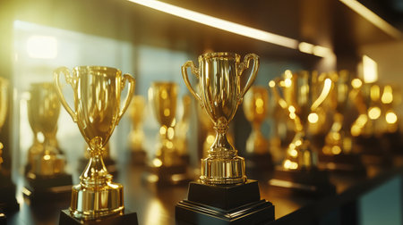 A stunning arrangement of golden trophies meticulously lined on a shelf, reflecting warm indoor light, ideal for themes of achievement and success in various events.の素材