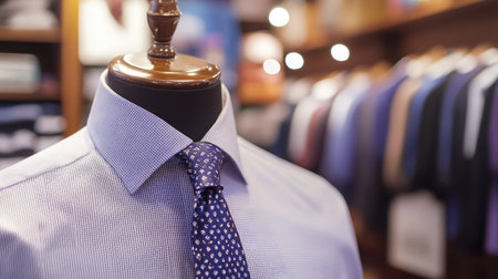 A close-up image of a sophisticated blue dress shirt displayed on a mannequin, paired with a stylish tie and set against a backdrop of various garments in a chic retail environment.の素材