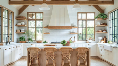 A stunning modern kitchen featuring bright natural light, open shelves, a central island with rattan stools, and an inviting design, perfect for cooking and gathering.の素材
