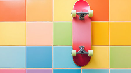 A vibrant skateboard rests against a colorful tiled wall, showcasing a playful mix of bright colors that evoke a sense of energy, creativity, and lifestyle.の素材
