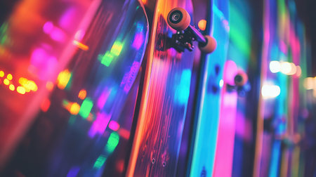 This image showcases vibrant skateboards illuminated by colorful neon lights, capturing the essence of urban energy and youthful creativity in a modern street culture setting.の素材