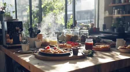 A beautifully arranged breakfast scene featuring a variety of pastries, a coffee machine, and fresh ingredients, highlighting the warmth and coziness of a morning kitchen.の素材