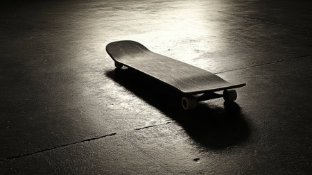 A solitary skateboard lies on a dark surface, showcasing elegant reflections and shadows, highlighting the essence of urban skateboarding culture and minimalistic design.の素材