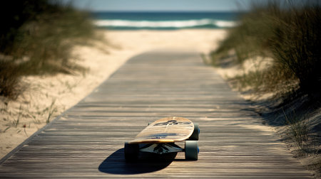 A skateboard positioned on a wooden boardwalk extends towards the beach, inviting you to explore the serene landscape under a clear sky and gentle waves.の素材