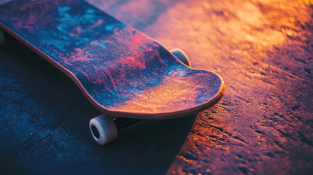 A visually striking close-up of a skateboard positioned on a textured surface, showcasing vibrant colors awash in warm sunset light, ideal for urban and lifestyle themes.の素材