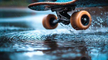 A vibrant moment captured of a skateboard splashing through a rain puddle, showcasing the energy and thrill of skateboarding during wet weather in an urban environment.の素材
