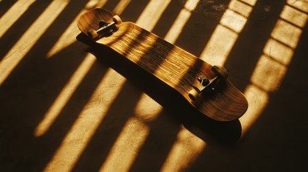 A single skateboard rests on a concrete floor, bathed in warm light creating striking shadows that highlight the wood's natural texture, perfect for highlighting urban lifestyle themes.の素材