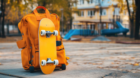 A bright orange backpack rests on a concrete surface next to a yellow skateboard, set against a sunny playground backdrop with trees and play structures. Ideal for youth sports and outdoor activities.の素材