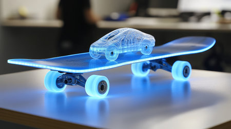 A unique futuristic skateboard featuring a transparent car model, illuminated by neon lights, perfect for showcasing creative technology and modern design in a stylish workspace.の素材