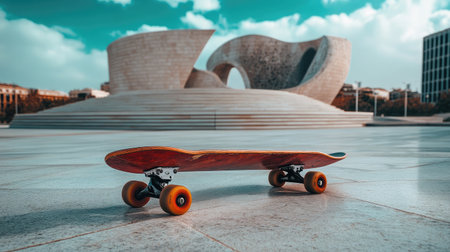 A lone skateboard sits in an urban plaza, showcasing colorful wheels against a backdrop of modern architecture, blue skies, and fluffy clouds, embodying recreational freedom.の素材
