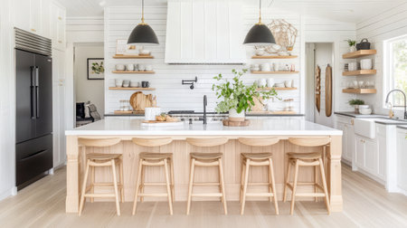 Discover a beautifully designed kitchen featuring white cabinets, natural wood accents, and elegant lighting. Perfect for a modern home with a spacious and inviting atmosphere.の素材