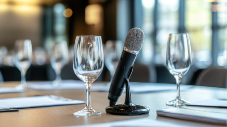 A professional microphone positioned on a stylish conference table with elegant glassware, setting the stage for a successful meeting, presentation, or inspiring discussion in a modern space.の素材