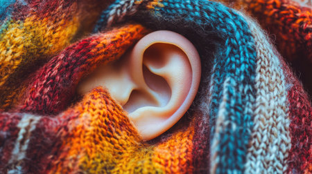 A detailed close-up of a human ear wrapped in a vibrant, multicolored knit scarf, showcasing textures and warmth perfect for winter aesthetics and personal comfort.の素材