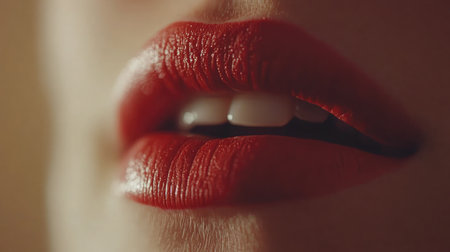 This captivating close-up features luscious red lips adorned with glossy lipstick, perfect for conveying beauty, fashion, and sensuality in various creative contexts.の素材