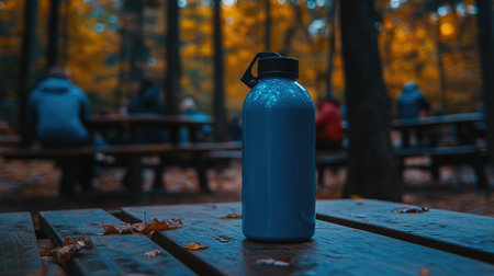A blue water bottle stands on a wooden table amid fallen leaves, capturing the essence of outdoor life in an autumn forest, with people enjoying their time in the background.の素材