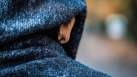 A captivating image focusing on a person wearing a cozy hooded sweater, showcasing the back of their head and ear against a softly blurred natural background.の素材