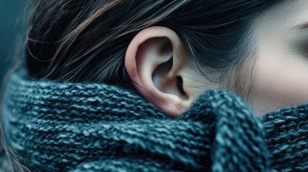 A close-up shot of a woman's ear highlighted by a soft scarf, emphasizing the delicate details of her hair and skin tone in a peaceful and serene atmosphere.の素材