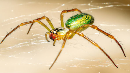 This detailed macro shot showcases a colorful spider with a green and yellow body, emphasizing its fine hair and intricate features while it crawls on a smooth surface.の素材
