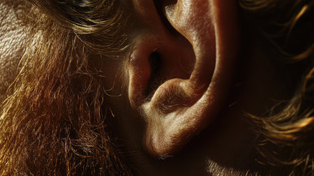 This close-up image features a human ear intricately detailed with hair and skin textures, all beautifully illuminated by soft natural light, perfect for artistic and educational projects.の素材