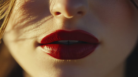 Captivating close-up image showcasing a woman's lips adorned with bold red lipstick, illuminated by natural light, emphasizing beauty and elegance in every detail.の素材