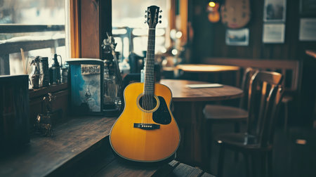 A vintage acoustic guitar sits gracefully on a wooden table in a cozy cafe, surrounded by rustic decor and warm lighting, creating a perfect atmosphere for music lovers.の素材