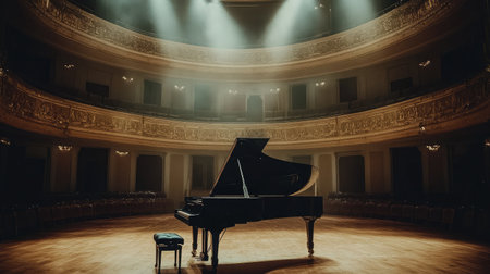 A stunning grand piano takes center stage in an opulent concert hall, illuminated by soft spotlights, creating an atmosphere of elegance and cultural richness.の素材