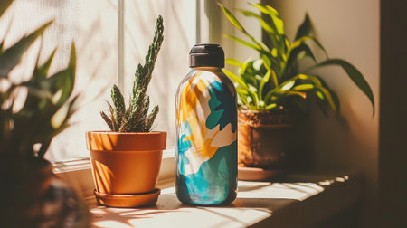 A colorful water bottle rests beside lush indoor plants on a sunlit windowsill, blending vibrant hues with natural elements, perfect for promoting hydration and a refreshing lifestyle.の素材