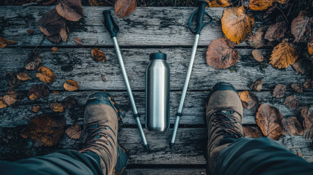 This captivating outdoor image showcases hiking boots, trekking poles, and a water bottle surrounded by autumn leaves on a rustic wooden path, perfect for exploring nature.の素材