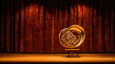 A stunning brass tuba elegantly positioned on stage against a rich red curtain backdrop, capturing the essence of musical performance in a captivating theater atmosphere.の素材